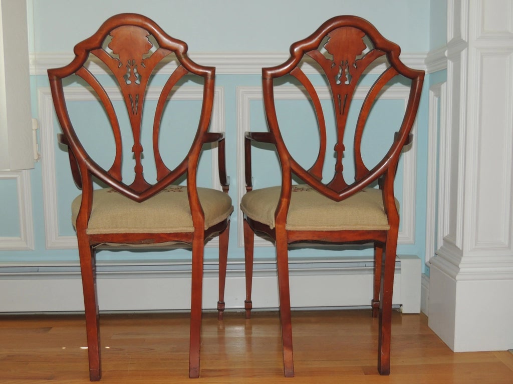 Early 20th Century Antique Adam Style Painted Shield Back Armchairs - Set of 2 - 3