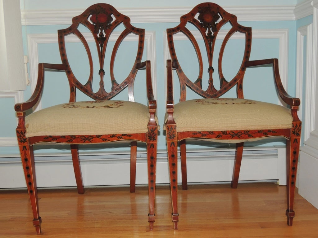 Early 20th Century Antique Adam Style Painted Shield Back Armchairs - Set of 2 - 5