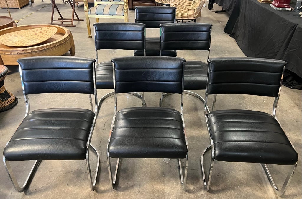 1970's Chrome Sling Dining Chairs in Black Vinyl- Set of 6 - 2