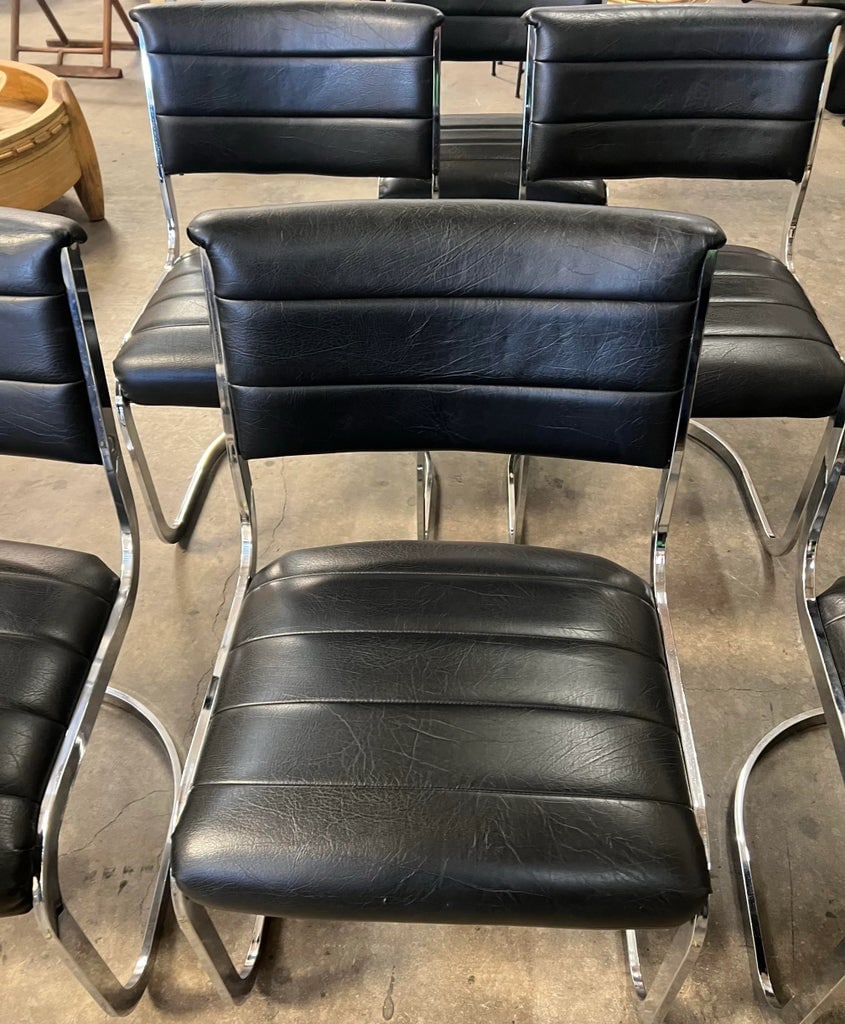 1970's Chrome Sling Dining Chairs in Black Vinyl- Set of 6 - 6