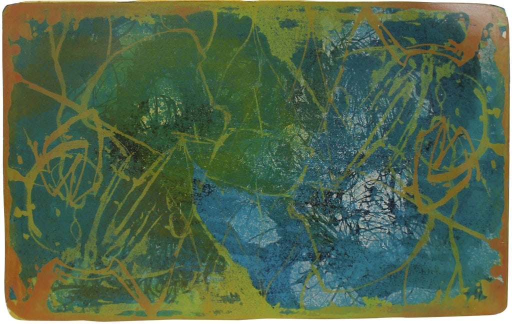 Earl Winston Escher Mid-Century Modernist Abstract Lithograph in Blue and Green: This mid 20th century lithograph on paper abstract is by Earl Winston Escher (1900s-1970), cousin of artist M.C. Escher. He was both a medical doctor and an artist and studied at the Chicago Art