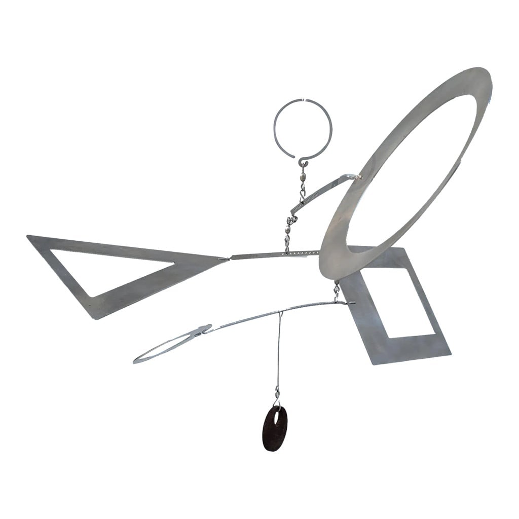 Mid 20th Century Mid Century Mobile: Unique artist made stainless steel hanging kinetic art mobile sculpture. This is unsigned and I believe it was created in the 1980's. This has mid century post modern styling and is in the style of