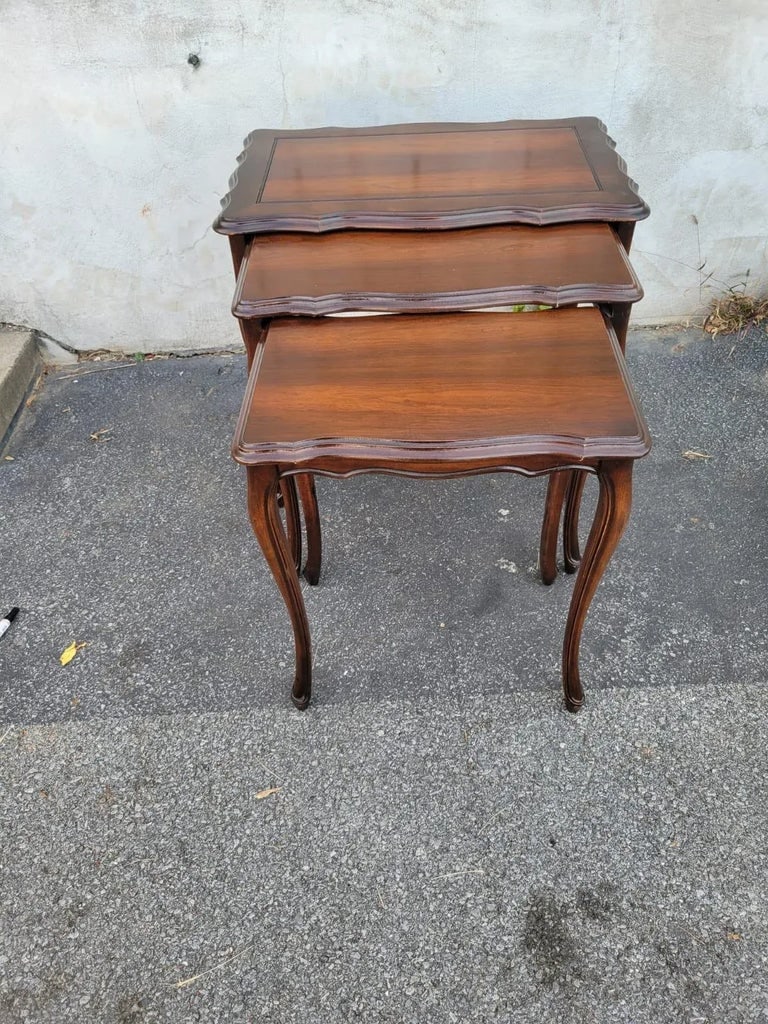 1920s Country French Walnut Nesting Tables - Antique Stacking Side Tables Set - 3