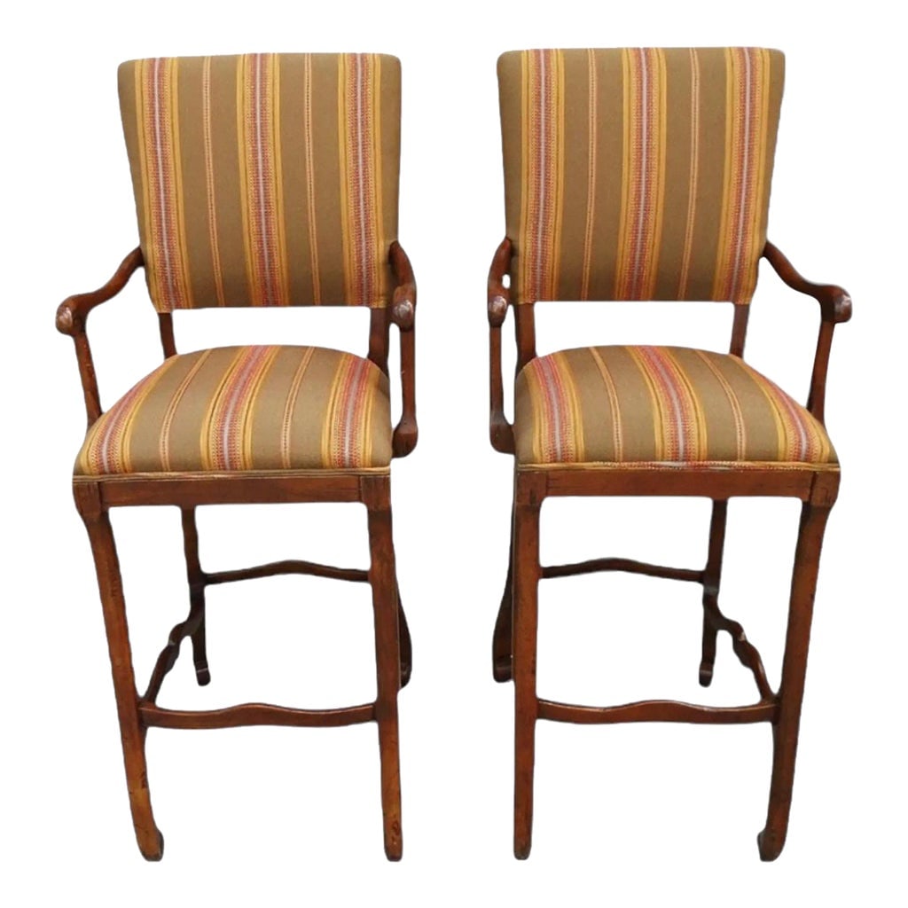 Vintage 1980's Lorts Wooden/Fabric Bar Stools- a Pair: Excellent condition! detailed carved hardwood frame; upholstered in stripe fabric; made in Arizona by Lorts Seats: 22"w x 22"d x 51"h Seat Interior: 19"w x 18"d Seat Height: 33" Arm Height: 38". Condi