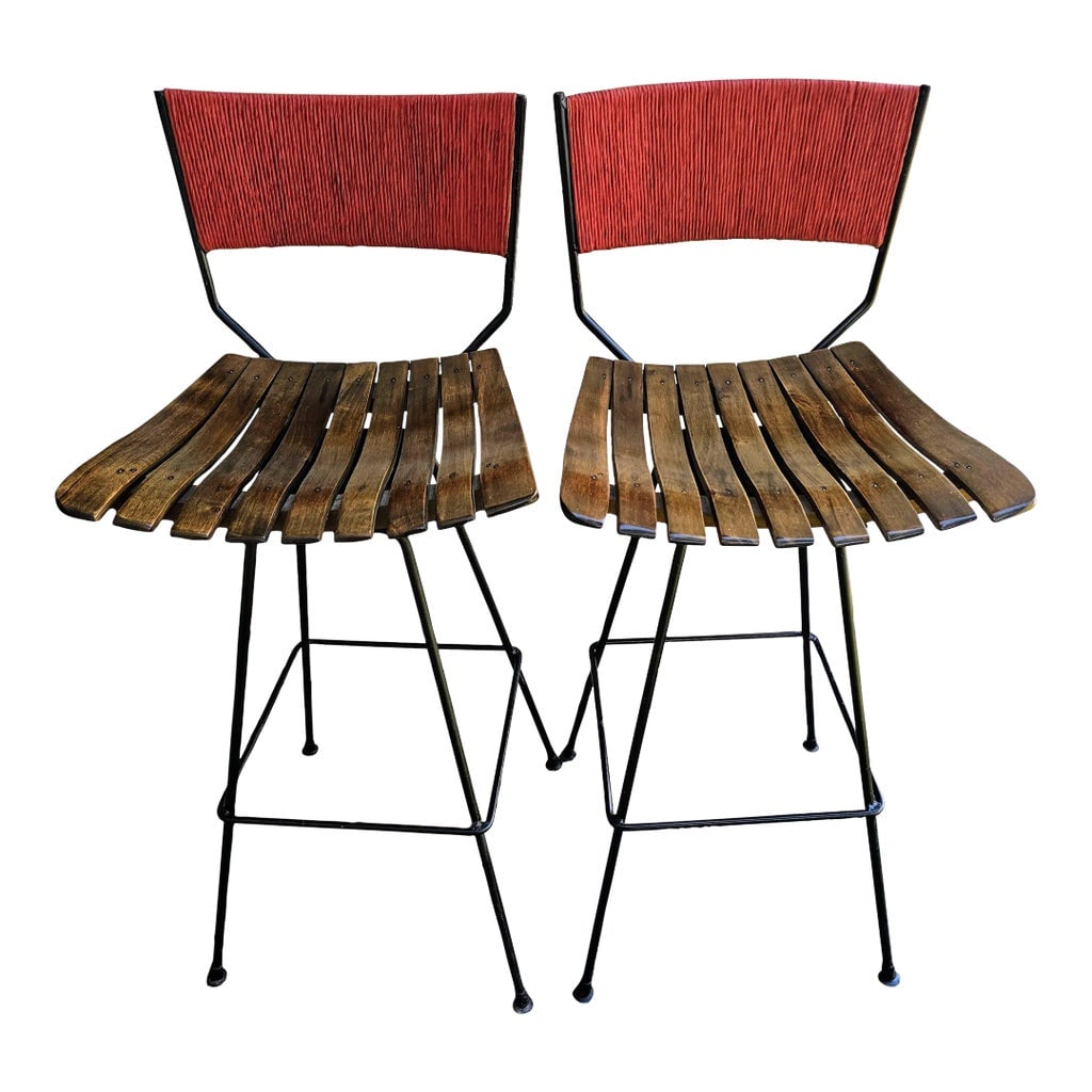 1950s Pair of Arthur Umanoff Style Bar Stools by Raymor Matte Red Backs: Arthur Umanoff designed these bar stools for Raymor back in the 50s. I repainted the wrought iron bases black. The seats are maple and they were refinished with a walnut tinted Danish oil. The corded 