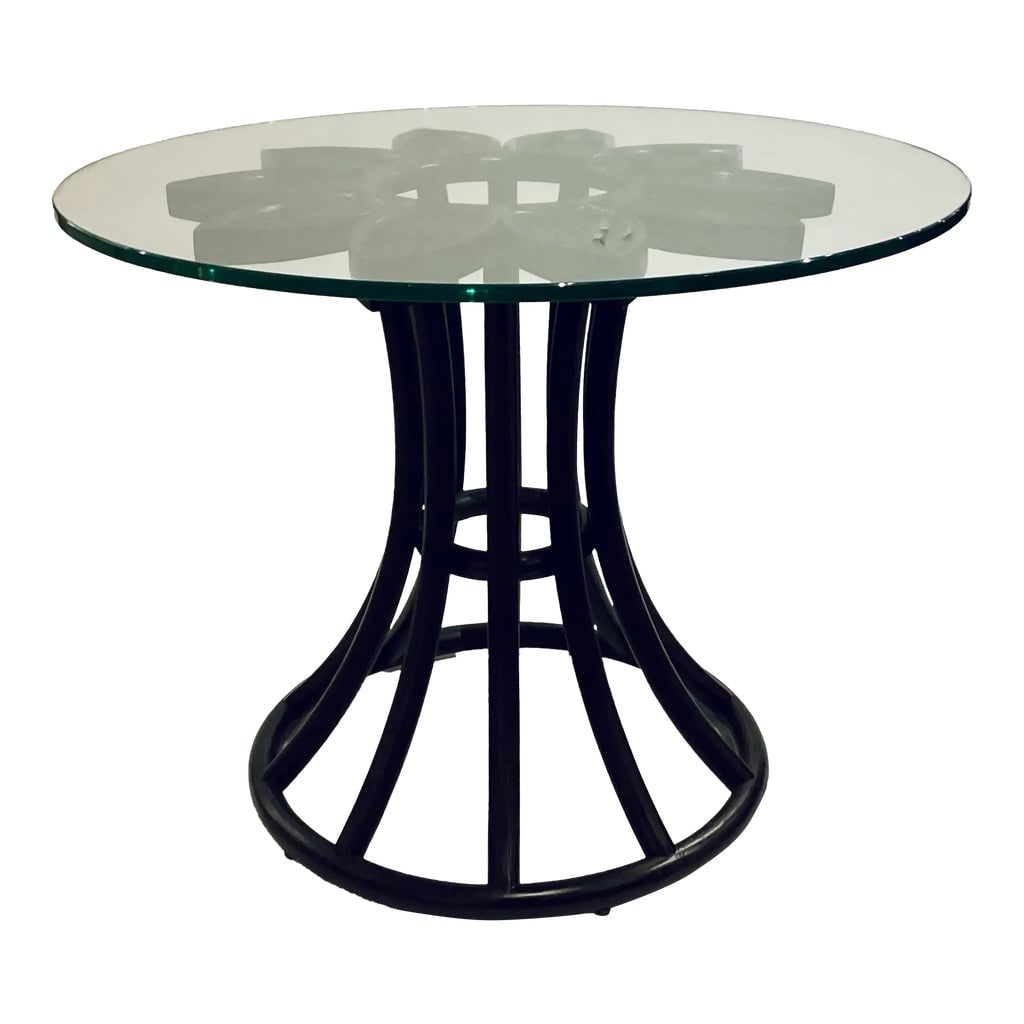 Baker / McGuire Organic Modern Custom Chocolate Brown Sunflower End Table: Original retail $3240, stylish Baker / McGuire Organic Modern Custom Chocolate Brown Sunflower End Table, caned petal design, glass top, showroom floor sample Condition: Imperfections: Some