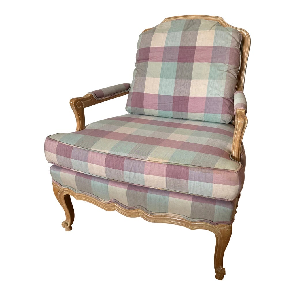 Sherrill Furniture Blue and Lavender Buffalo Check Plaid Upholstered Bergere Chair: Beautiful and fun Sherrill Furniture buffalo check plaid upholstered arm chair. Shades of purple and blue are a playful update to a classic chair. There is minor staining as seen in the pictures, I