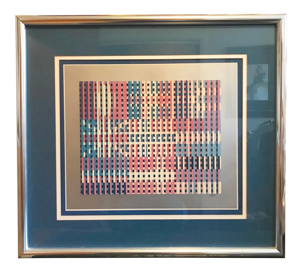 Flags of All Nations by Yaacov Agam: Op art "Flags of All Nations" serigraph print by Yaacov Agam. Print is on a slightly metallic silver paper. Printed signature on the bottom right (not hand written signature), appears not to be
