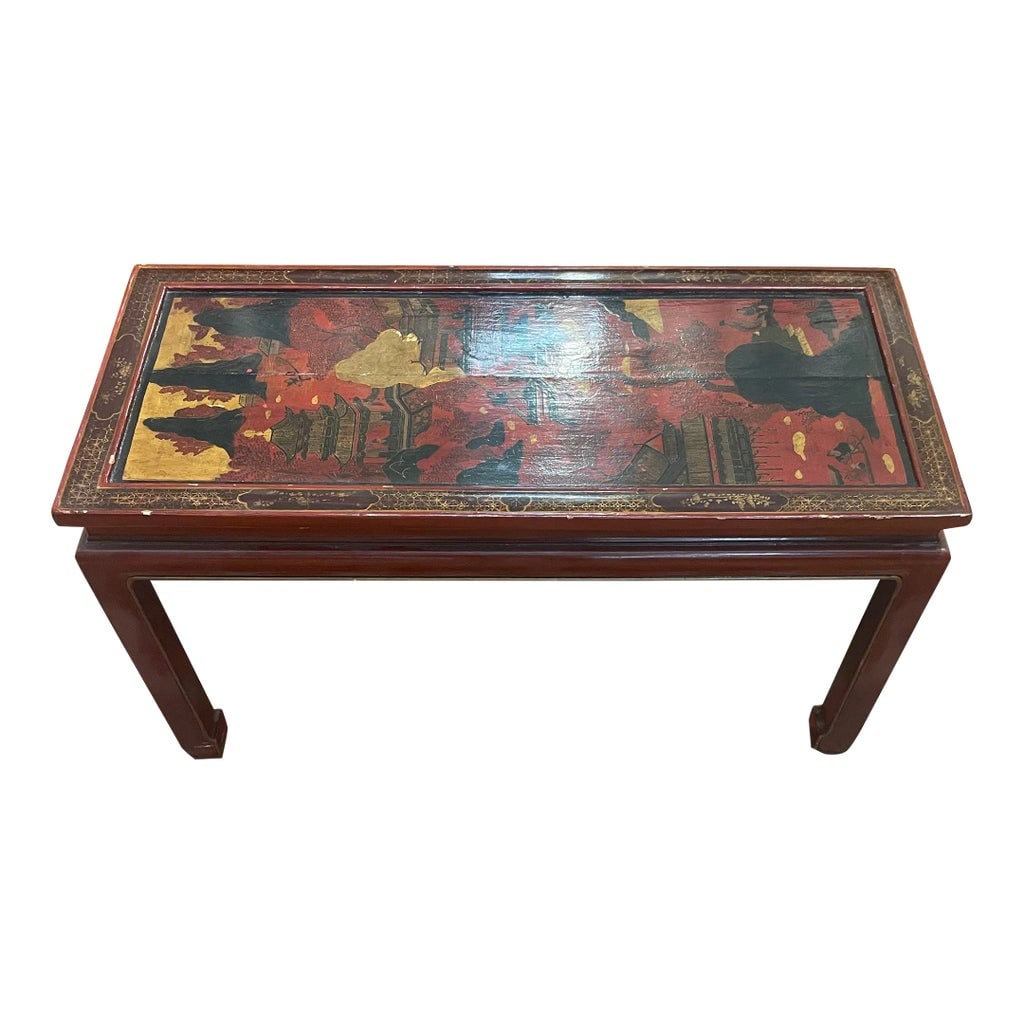 19th Century Chinese Coromandel Screen Drinks Table: Beautifully lacquered 19th century Chinese coromandel screen drinks table. Intricately hand painted in shades of red, gold and black. Slight gloss on legs Condition: Alterations: Original Condition