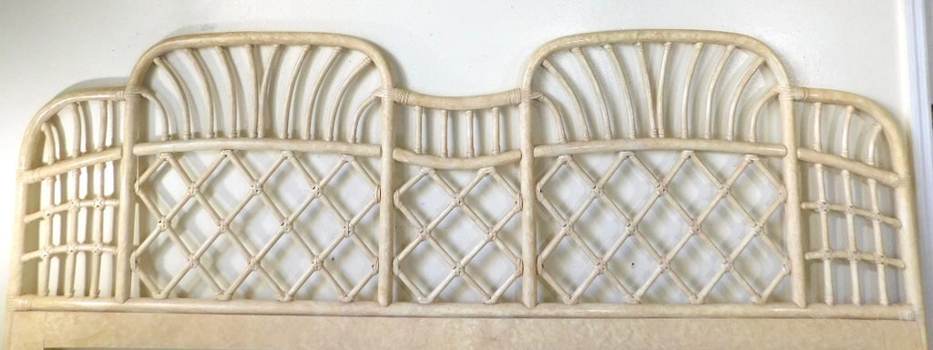 Vintage C1980s Leather Wrapped White Wash Rattan King Size Headboard - 7