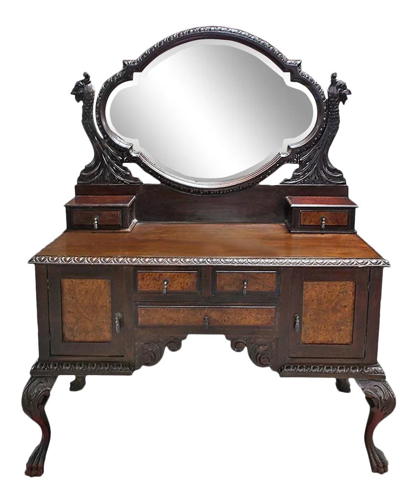 Italian Dressing Table * Antique * Swivel Mirror: Late 19th century Italian, carved dressing table with swivel beveled glass mirror, five drawers and two doors. Accented with burls eye maple. Condition: Alterations: Original Condition Unaltered Imper