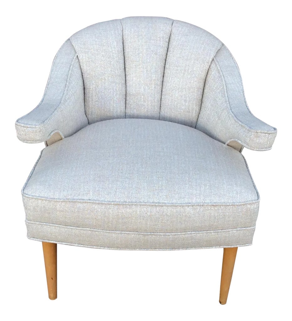 Mid-Century Arm Chair: Mid-century side chair in a dove gray multi-dimensional cotton fabric. An interesting and unusual style that you don't see often! Condition: Alterations: Original Design Modified Imperfections: Some