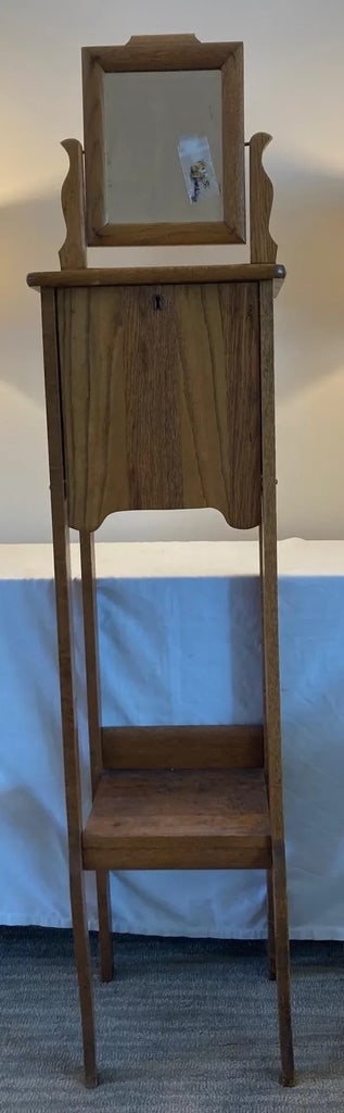 1920s Antique Oak Men Shaving Stand W/ Beveled Mirror - 2