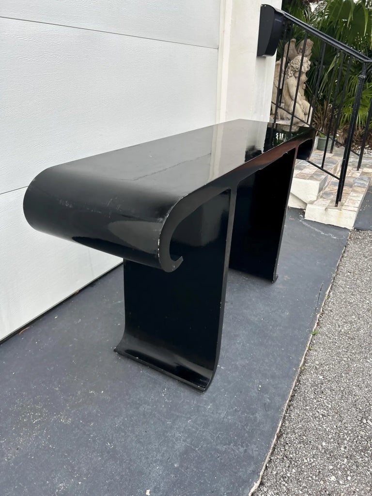 1980s Vintage Black Stylized Asian Scroll Console Attributed Baker Style - 3