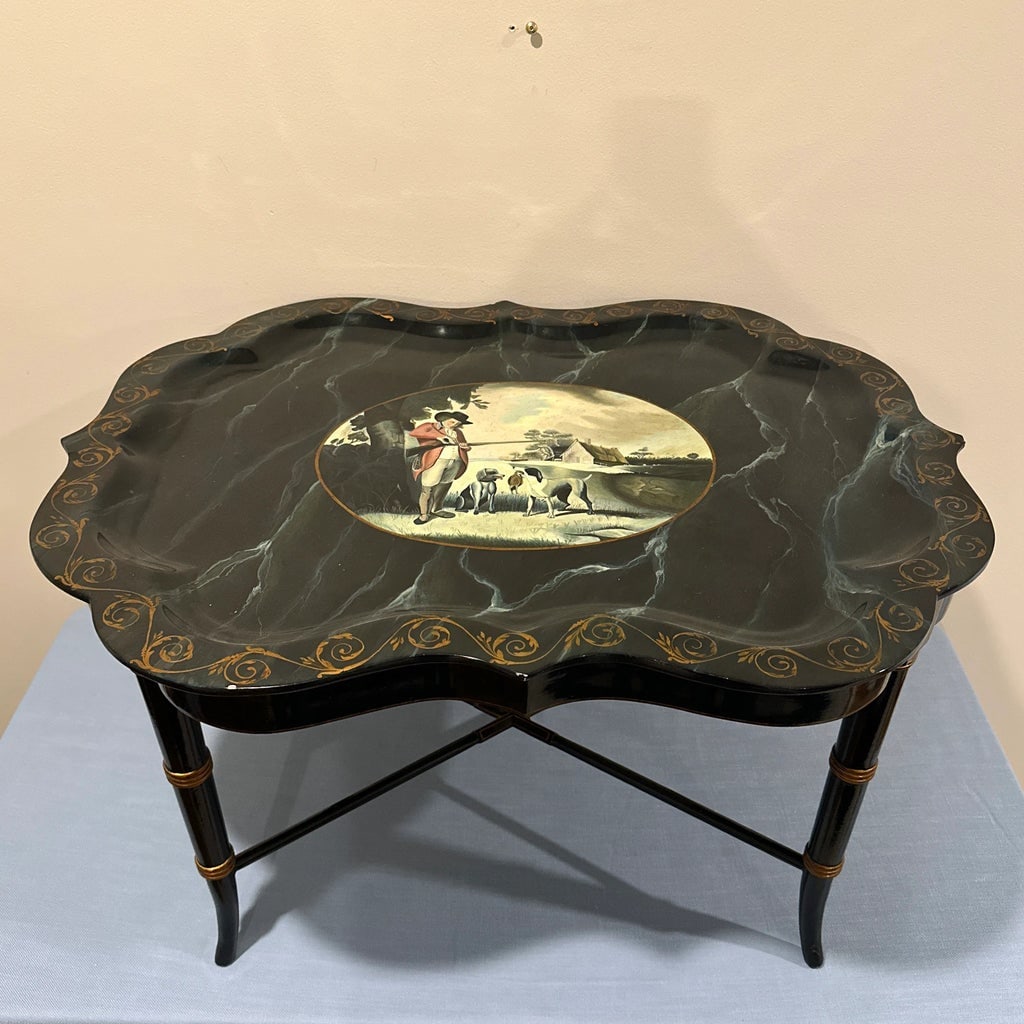 Vintage Maitland Smith Hand Painted Lacquered Occasional Tray Tea Table of Bird Hunt - 2