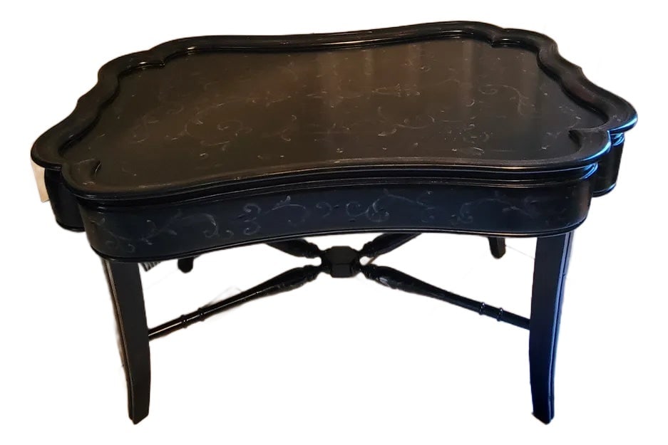 19th Century Black Papier Mache Chinoiserie Coffee Table: Gorgeous 19th Century black Papier Mache Chinoiserie coffee table. Beautifully hand painted gold tone design with splashes of red that is subtle but is a nice added touch. The table is in very good co