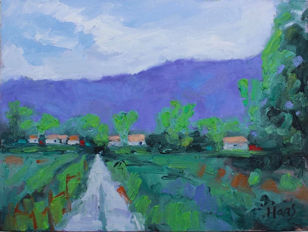 Modern Impressionist Oil Painting Landscape: Quiet Places & Journeys - Green Valley Original oil painting by L. Haas, 12 x 16 in unframed canvas panel, signed. An impressionist view of Green Valley, California with bold brushstrokes and calm, na