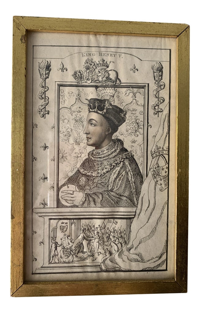 "King Henry V" Georgian Profile Portrait Print: Georgian KING HENRY V print, possibly original, antique print. Features Henry V in all his regalia holding the orb but no sceptre, symbols of his authority. It is difficult to make out the lower