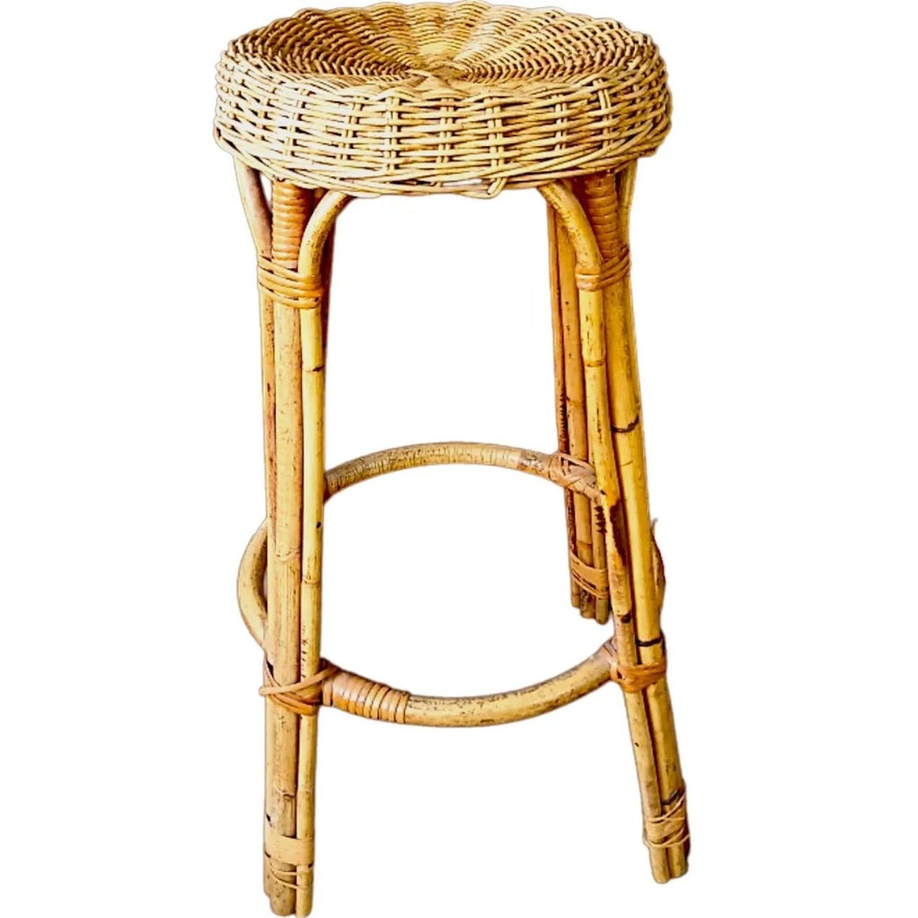 Pair of Vintage Bamboo & Wicker Counter Stools - Effortless Coastal Vibe - 2