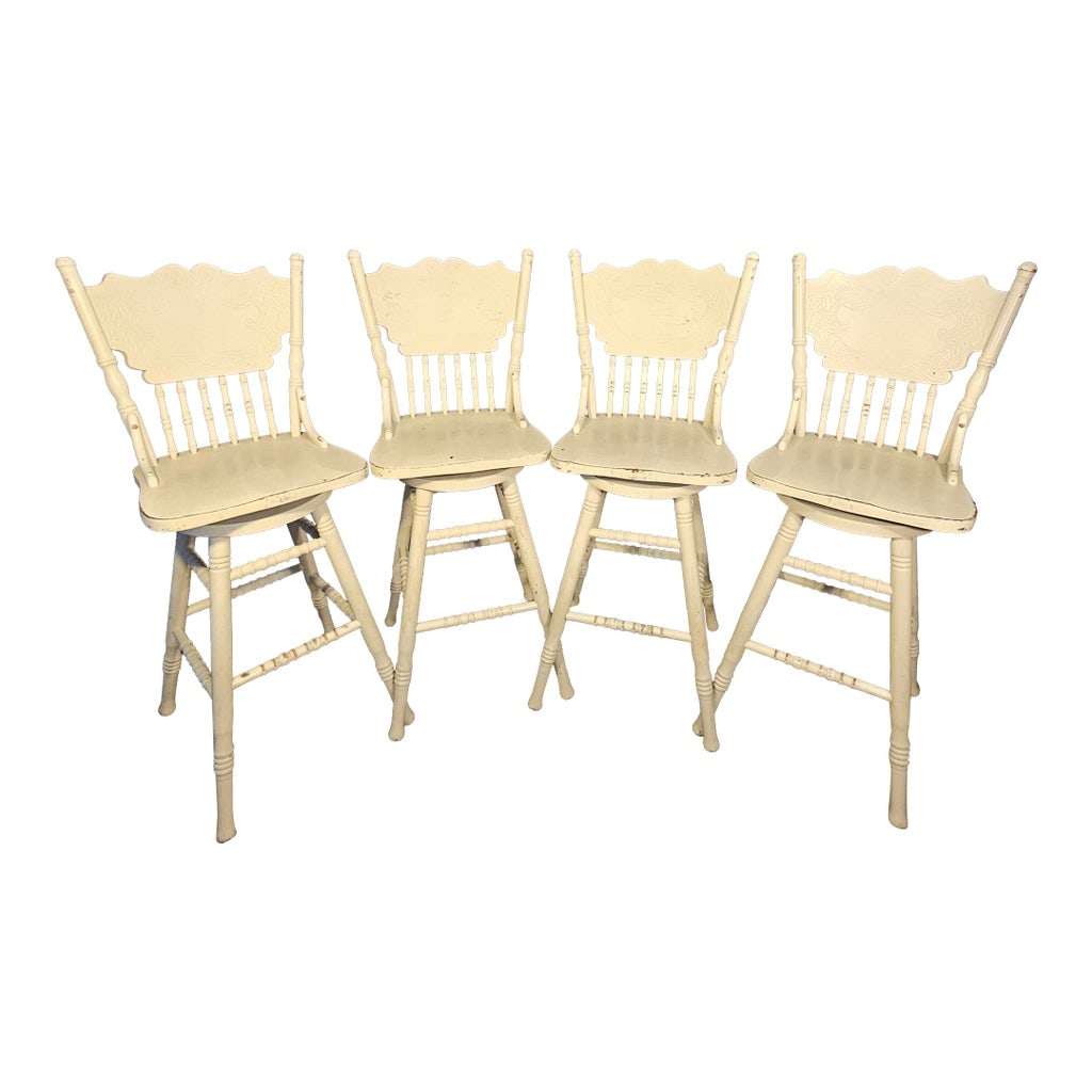 Chic Chalet Cottage French Country Carved Oak Wood Bar Counter Stools, Set of 4: There PERFECT set of Cottage Chic American press-back solid oak swivel chairs are ready to add some original vintage to your space. A beautiful scrolling pattern dons the back of each chair and the ch