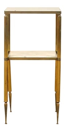 Neoclassical Brass Accent Table: A Neoclassical Brass Accent table sourced in France. This piece has a great patina both on the brass base and the original inset marble top. Condition: Alterations: Original Condition Unaltered Imperf