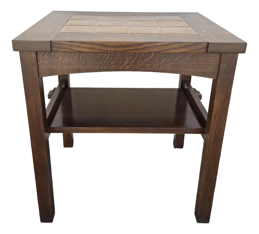Stickley Mission Canyon Copper Tile Top End Table: Showing a beautiful classic Mission style with keyed tenons and gently arched aprons, this side table by Stickley features custom tiles set into the top in an earthy yellow-tan color. Stickley refers 