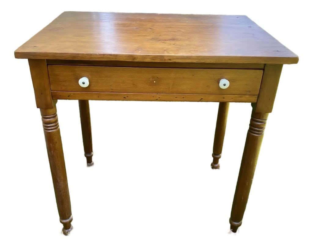 Antique Solid Maple Farmhouse Table With Drawer, Turned Legs, Rustic Desk: This charming antique farmhouse table features solid maple construction, classic turned legs, and a single drawer with original white porcelain knobs. Likely dating from 1880 originally Patina , it's 