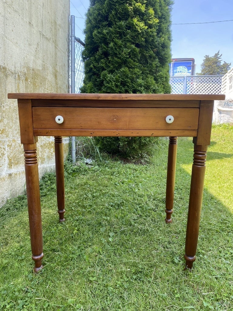 Antique Solid Maple Farmhouse Table With Drawer, Turned Legs, Rustic Desk - 2