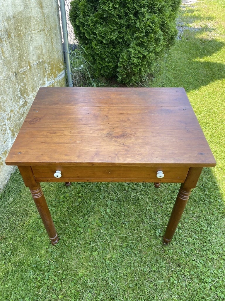 Antique Solid Maple Farmhouse Table With Drawer, Turned Legs, Rustic Desk - 3
