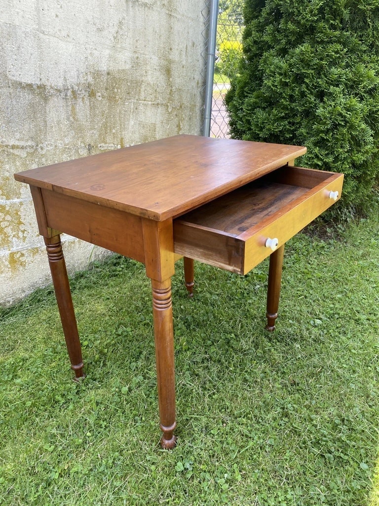 Antique Solid Maple Farmhouse Table With Drawer, Turned Legs, Rustic Desk - 7
