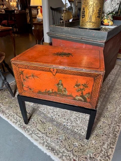 Orange Chinoiserie Hand Painted Metal Trunk on Custom Stand - 2