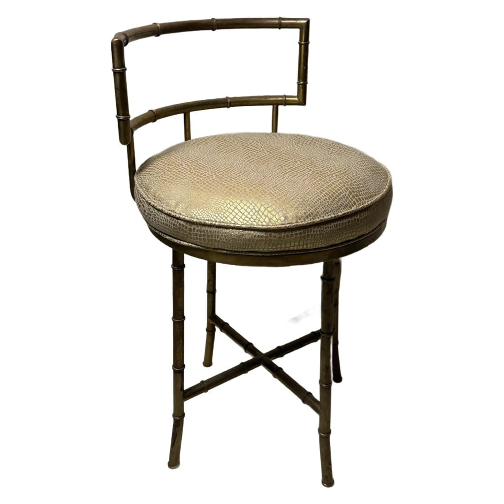 Vintage Brass Mid-Century Vanity Stool - Bamboo Pattern Frame - 2