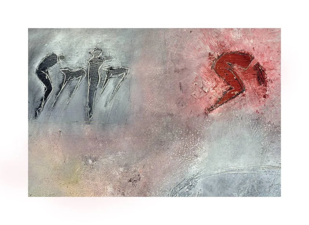 Woman, Dog & Spring Flowers Figurative With Petroglyphs, Large Scale Abstract Expressionist by Cindy - 2