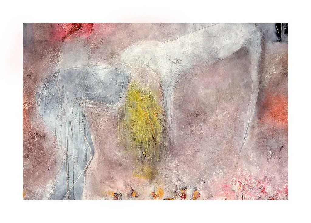 Woman, Dog & Spring Flowers Figurative With Petroglyphs, Large Scale Abstract Expressionist by Cindy - 3