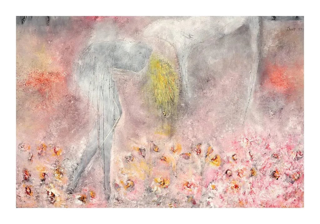 Woman, Dog & Spring Flowers Figurative With Petroglyphs, Large Scale Abstract Expressionist by Cindy - 4