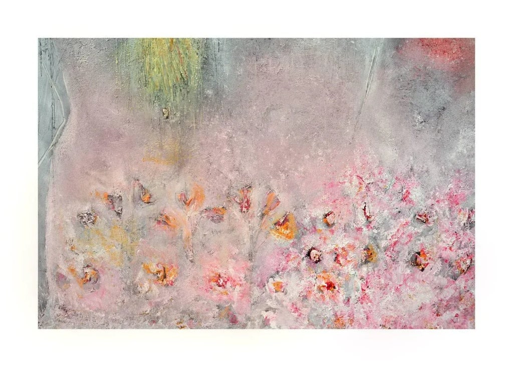 Woman, Dog & Spring Flowers Figurative With Petroglyphs, Large Scale Abstract Expressionist by Cindy - 6