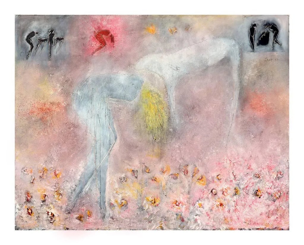 Woman, Dog & Spring Flowers Figurative With Petroglyphs, Large Scale Abstract Expressionist by Cindy - 8