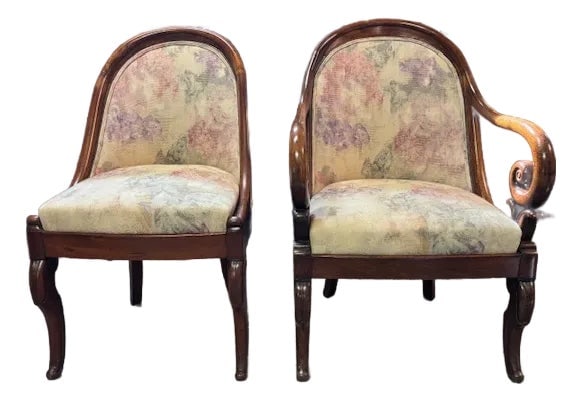 1930s His/Her Chairs - Set of 2: Interesting pair of His and Her carved wood chairs. Beautiful natural patina to the wood frame which is solid hardwood. See all photos for the details. The fabric is not original but it is in good
