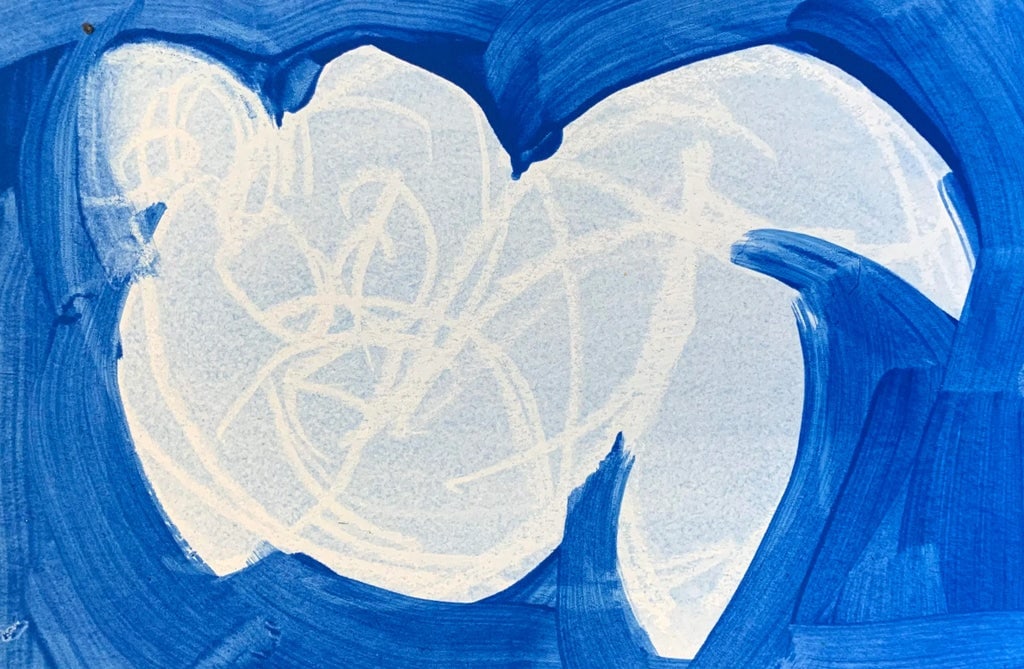 Blue Reclining I, Female Figure, 6 by 9": Drawing from the model - contour gesture drawing of the beauty of a woman. Wax relief on paper. With this series I have been allowing more chance and improvisation in my studio practice. I allow the