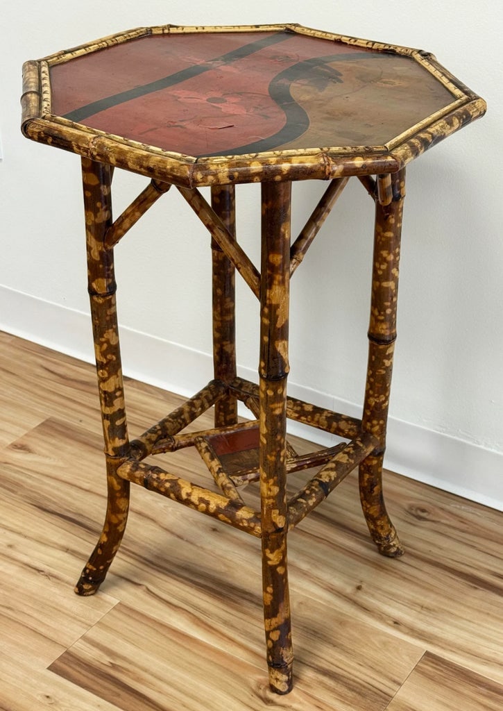 Vintage Chinoiserie Style Hand-Painted Scorched Bamboo Side Table - 2