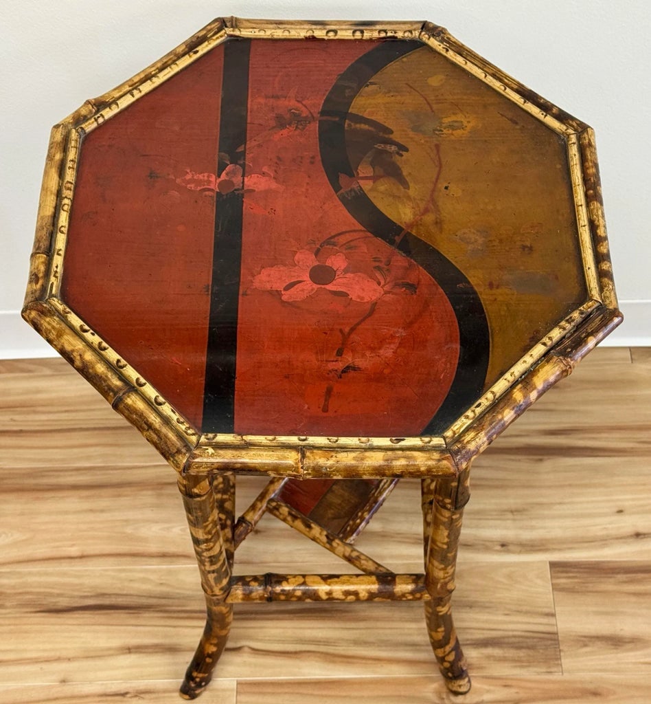 Vintage Chinoiserie Style Hand-Painted Scorched Bamboo Side Table - 6