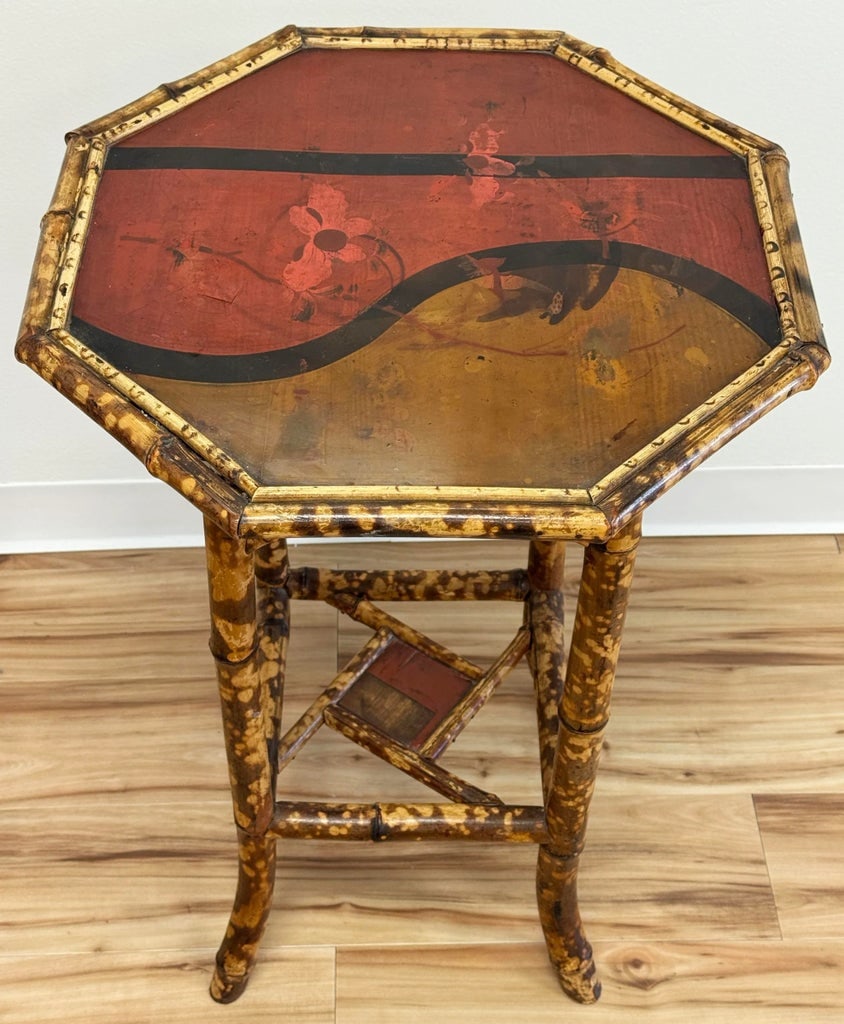 Vintage Chinoiserie Style Hand-Painted Scorched Bamboo Side Table - 7