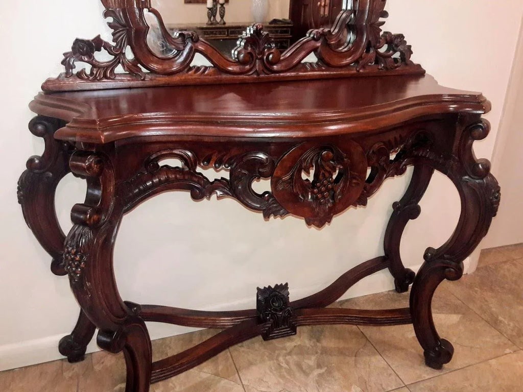 1970s Mahogany Vintage Table Hall Console & Mirror, Grape Carved - 2