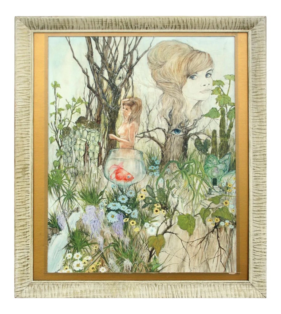 Surrealism Woodland Fancy by Kenneth Fong Gouache on Paper 1969: Unique painting of a nude study standing in front of a goldfish in the forest surrounded by flowers, plants, and a portrait by Kenneth Fong. Symbolic, naturalistic creatures reminiscent of Alice's
