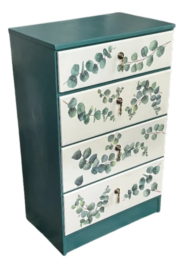 Botanical Themed Pine Chest of Drawers / Dresser: When we acquired this pine chest of drawers, it was stained and varnished in an ugly orangish hue. However, the chest was a nice size, and it was sturdy pine. It had potential. After some tedious sand