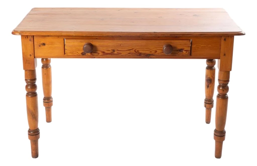 Late 19th Century English Scrubbed Pine One Drawer Farmhouse Kitchen Table: English scrubbed pine one drawer farmhouse kitchen table Condition: Alterations: Original Condition Unaltered Imperfections: Some Imperfections Condition Notes: Age splits to the wood. Some old