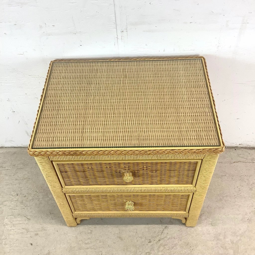 Mid 20th Century Boho Two Drawer Wicker Nightstand by Henry Link - 2
