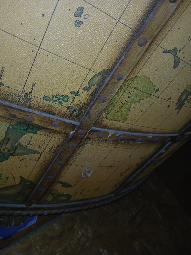 1950s Vintage Brass Marble Wood and Leather World Map Large Half Circle Dry Bar - 6