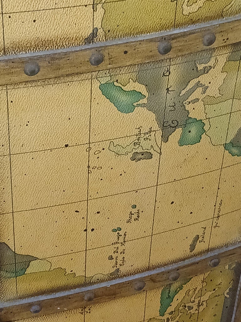 1950s Vintage Brass Marble Wood and Leather World Map Large Half Circle Dry Bar - 7