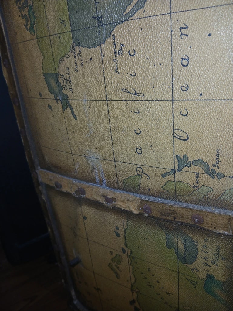 1950s Vintage Brass Marble Wood and Leather World Map Large Half Circle Dry Bar - 8